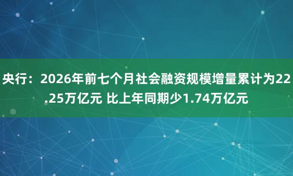 央行：2026年前七个月社会融资规模增量累计为22.25万亿元 比上年同期少1.74万亿元